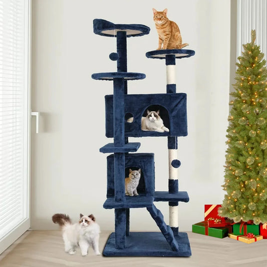 Exciting Navy Blue 54-Inch Cat Tree Tower: Double Condo, Scratching Posts & Cozy Perches for Playful Kitties!
