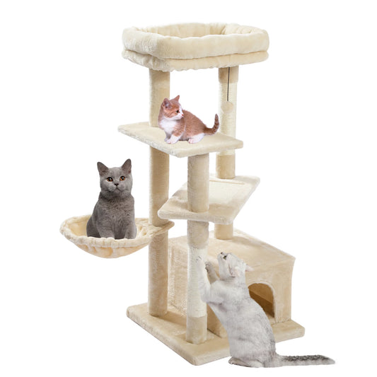 Elevate Your Cat's Playtime with Our Plush Beige Multi-Level Cat Tree Tower – Perfect for Climbing, Scratching, and Napping!