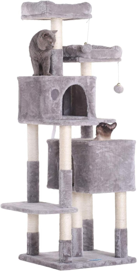Discover the Ultimate Cat Paradise: Hey-Bro 60" Multi-Level Cat Tree Condo with Plush Perches and Sisal Scratching Posts in Light Gray