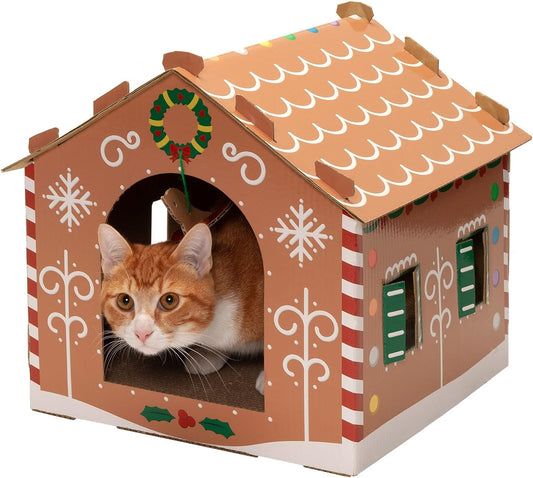 Delight Your Cat with the Festive Gingerbread House Scratcher: A Cozy Hideout with Catnip & Playful Toys!